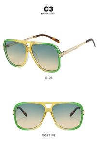Detail view of square double-bridge sunglasses with green yellow gradient resin frames