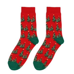Detailed knit texture of red and green Christmas crew socks with festive tree patterns