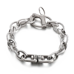 Vintage industrial stainless steel cable chain bracelet with engraved buckle for men