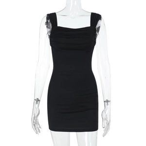 Detailed shot of the ruched neckline and slim fit texture of this black mini dress