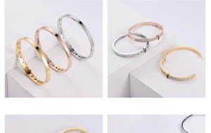 Three-color geometric titanium steel bangles with hollow Roman numerals and paved diamonds