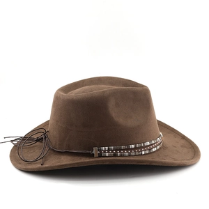Detail of dark brown felt jazz hat with striped rivet band and leather cord decor
