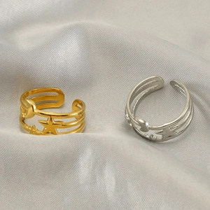 Star and moon engraved open rings in gold and silver finish with adjustable band