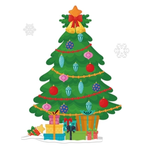 Autocollant de fenêtre sapin de Noël avec boîtes cadeaux et ornements colorés