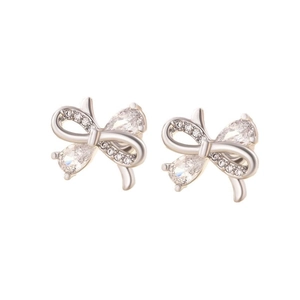 Elegant silver bow stud earrings with sparkling cubic zirconia on a clean white background