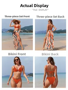 Three-piece orange bikini set with high-waisted printed cover-up skirt for beachwear