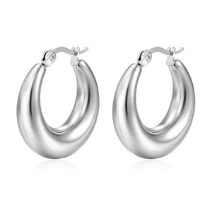Mirror polished silver stainless steel chunky hoop earrings with secure click-top closure