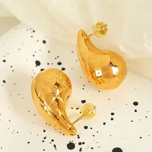 Polished 18K gold-plated titanium steel earrings with quilted teardrop pattern