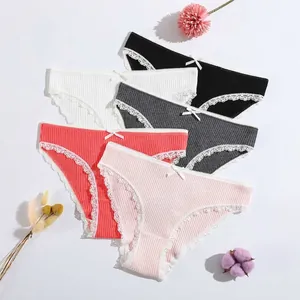 Culottes En Coton Élasthanne Côtelé Taille Basse Slips Respirants Avec Bordure En Dentelle Et Nœud Pour Femmes