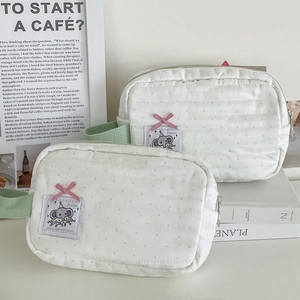 Quilted Cotton Cosmetic Bag Polka Dot Elephant Patch Pink Bow Portable Toiletry Pouch Mint Green Kawaii Stationery Organizer