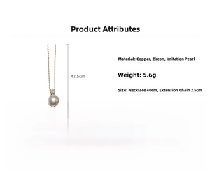 Detailed size and material specs for the pearl and zircon pendant necklace