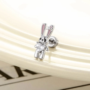Cute bunny ear studs with pink enamel heart zircon and secure screw back fastener