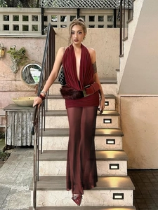 Women's burgundy deep V halter neck dress with sheer tulle skirt and waist belt