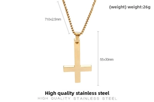 Detail view of golden stainless steel inverted cross pendant necklace with measurements