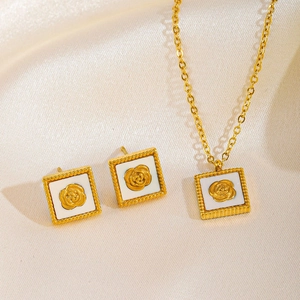 Vintage Rose Flower Square Mother Of Artificial Pearl Gold Plated Stainless Steel Necklace And Earrings For Women Fashion Jewelry