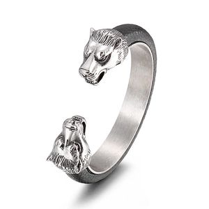 Punk style wolf head open cuff bracelet for men made of silver stainless steel and black leather