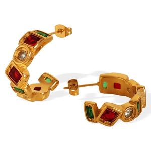 Retro C-shaped 18K gold plated titanium steel earrings with colorful natural stones
