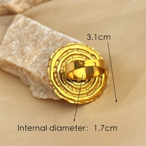 18K gold plated stainless steel ring with 3.1cm textured disk and adjustable band