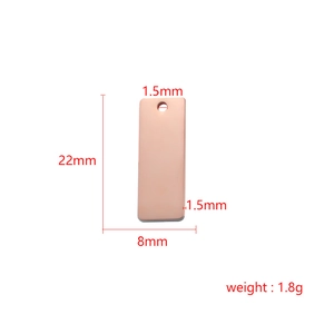 Polished rose gold stainless steel rectangle pendant with detailed size specifications