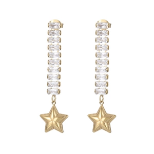 Long drop earrings with linear clear stones and gold star pendant in a vertical design