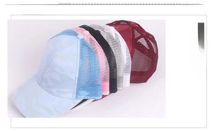 Detail showing various colors of breathable mesh baseball caps for summer wear