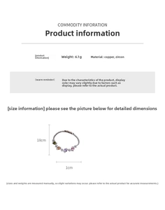 Detail view of 6.1g colorful cubic zirconia bracelet in copper with 18cm chain length