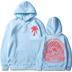 Détail recto-verso du sweat à capuche bleu clair avec imprimé surf rose palmier