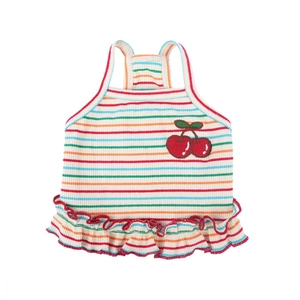 Striped pet dress with cherry embroidery and ruffle hem for small dogs and cats