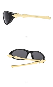 Detail view showing the golden metal irregular temples and side profile of Y2K sunglasses