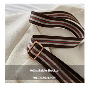 Detail of adjustable striped canvas strap with gold metal buckle for saddle bag
