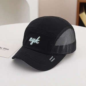 Detail of black breathable mesh side panels and light blue nyk embroidery on baseball cap