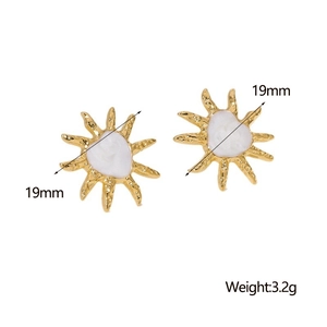 Detailed view of 19mm sun-shaped 18K gold plated earring with white enamel center