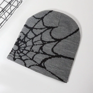 Detailed top view of a dark grey knit beanie featuring a black spider web jacquard pattern