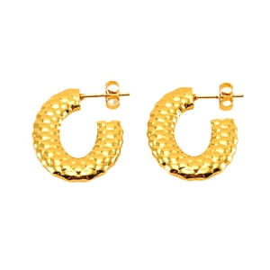 Polished gold croissant hoop earrings with hammered metal texture on white background