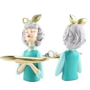 Detailed front and back views of creative girl figurine storage tray for jewelry and watches