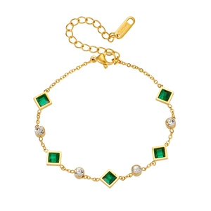 Gold stainless steel bracelet featuring square emerald cubic zirconia and round crystals