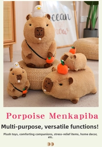 Detailed view of capybara plush toys in different sizes with cute orange and bird accessories