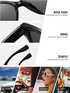 Detail view of cat eye sunglasses hinges and nose pads with various usage scenarios
