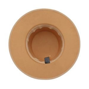 Inside view of camel wide brim felt hat showing 65% cotton blend label on white background