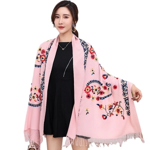 Pink floral embroidered pashmina scarf for women with elegant tassels and soft fabric
