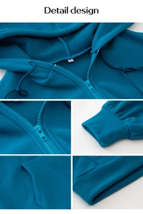 Detail view of peacock blue fleece zip hoodie with drawstring hood and ribbed cuffs
