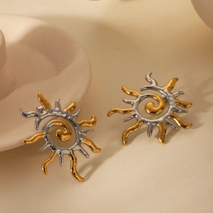 Détail des boucles d'oreilles soleil bicolores or 18 carats et argent avec spirale