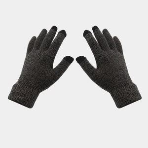 Detail view of dark grey knitted gloves with black touchscreen conductive fingertips
