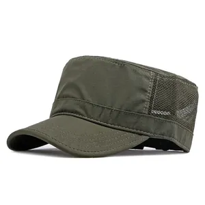 Army green flat top military cap with breathable mesh and adjustable strap for men