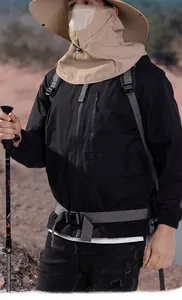 Outdoor sun protection set with khaki wide-brim hat, face mask, and black jacket for hiking