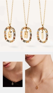 Detailed views and on-model shots of gold letter pendants G, H, I with colorful crystals