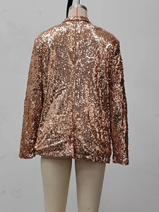 Detailed back view of a rose gold sequin blazer jacket featuring a notched lapel design