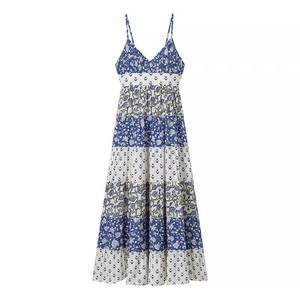 Floral Print Patchwork Spaghetti Strap Maxi Dress V Neck Back Bow Sleeveless Bohemian Summer Vacation Long Dress For Women