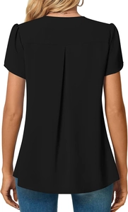Detail of the back box pleat design on a black V-neck chiffon blouse for women