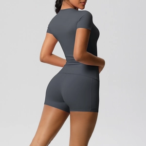 Detail of high-stretch double-sided nylon yoga set showing back fit and body contouring